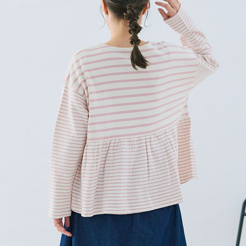 婦人『cloudnine』コットン裏毛先染めボーダー2種使いカットソープルオーバー