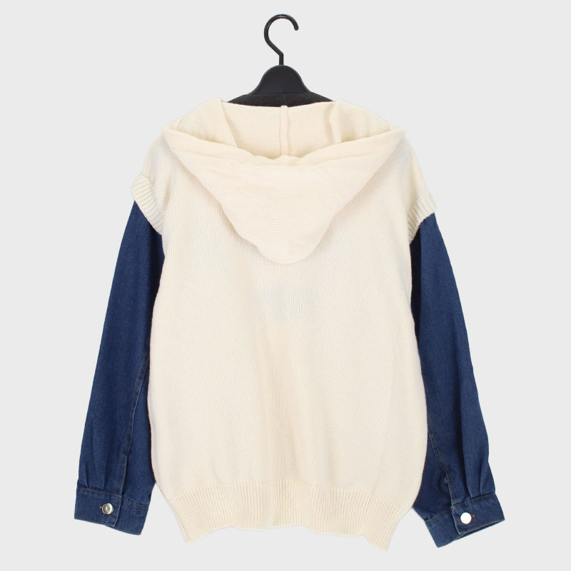 婦人デニム袖ロゴニットパーカー