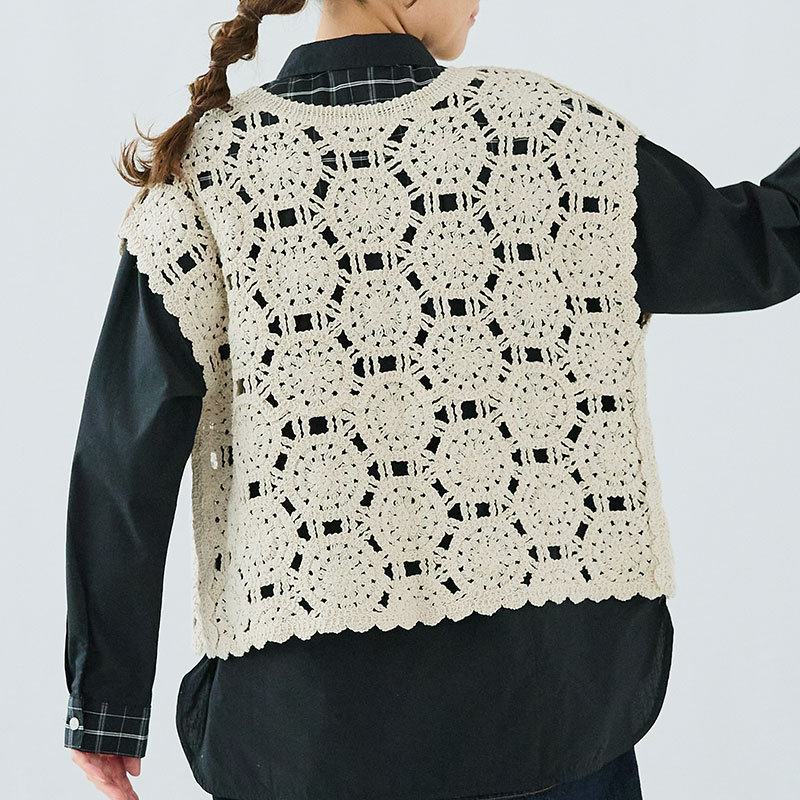 婦人『cloudnine』クロシェ風機械編み無地フレンチスリーブ前後2Wayニットベスト