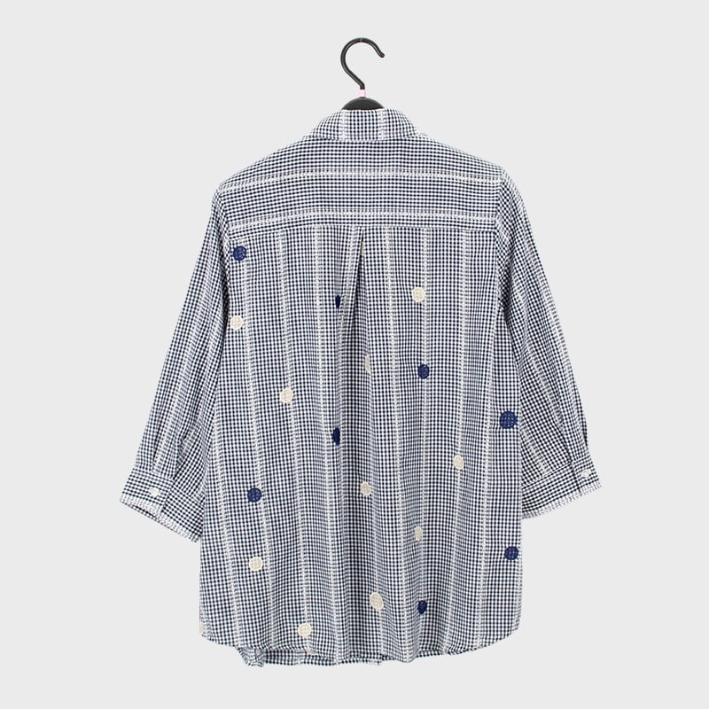 婦人7分袖ドット刺しゅうギンガムチェックブラウス