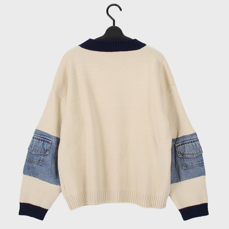 婦人丸首デニム使いセーター