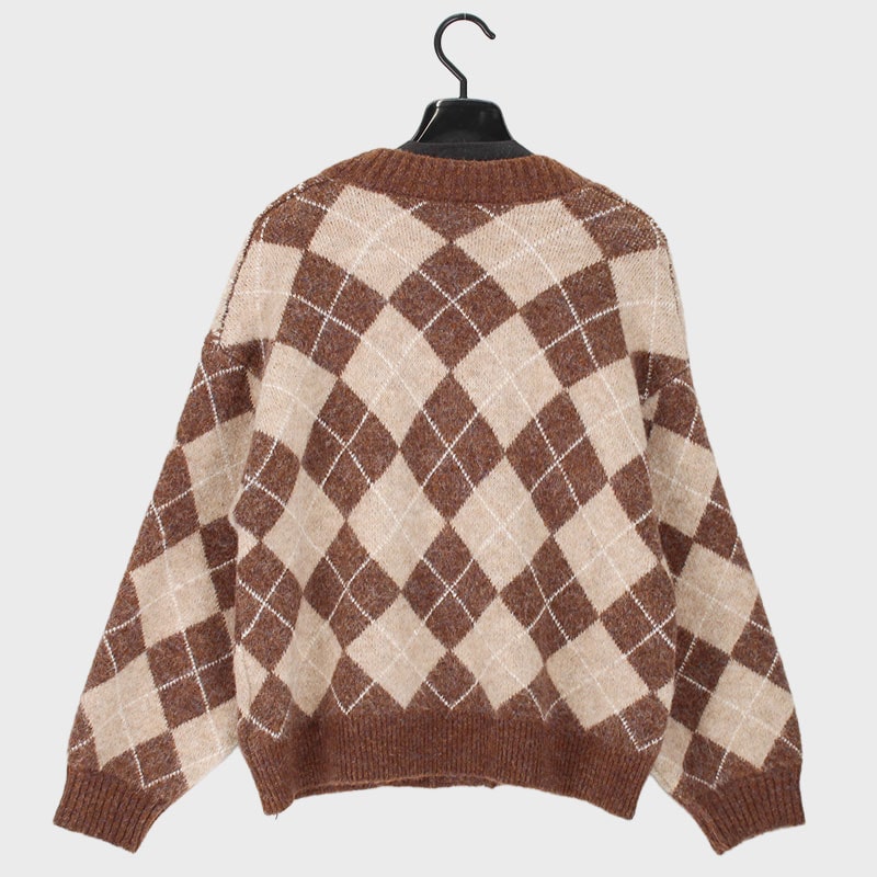 婦人X首アーガイル柄カーディガン