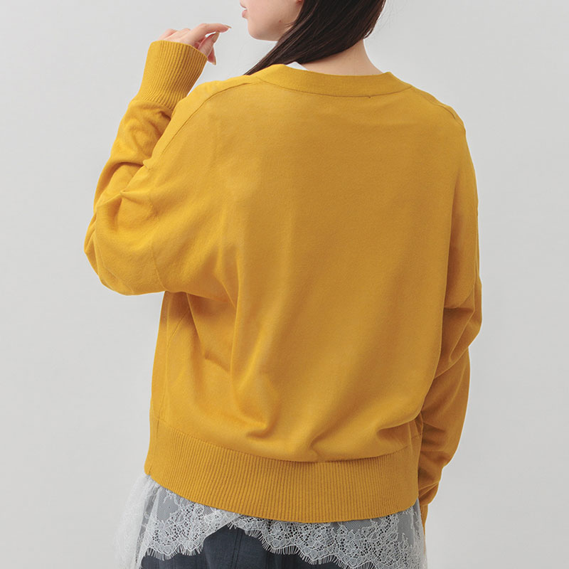 婦人『m.m.o』麻タッチ長袖Vネック袖ボリュームシアーカーディガン