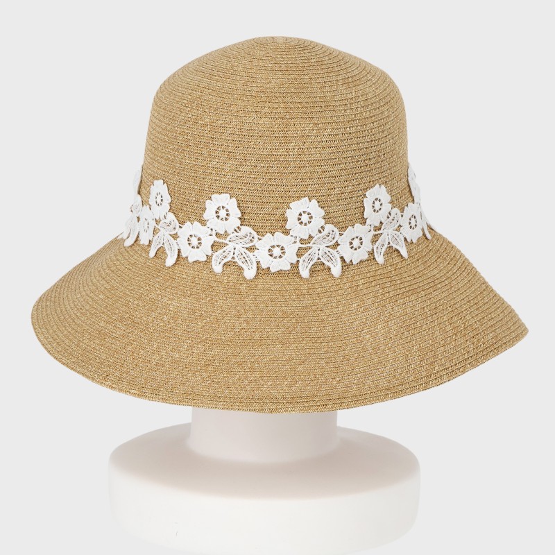 レース付きつば広ペーパーブレードハット/サイズ調節可能
