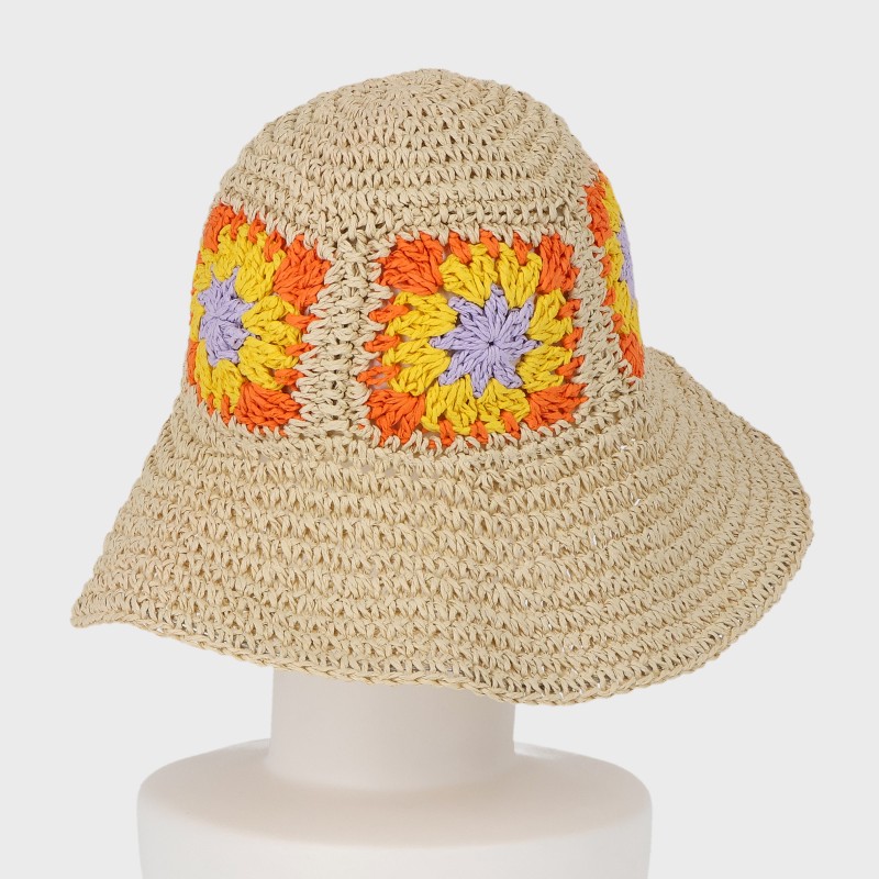 フラワー柄編み雑材バケットハット/サイズ調節可