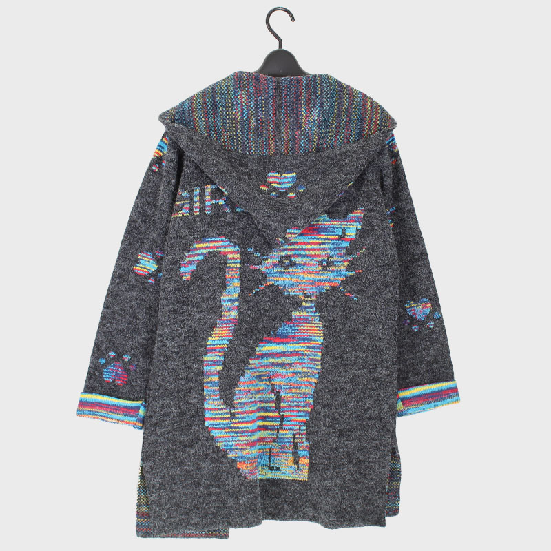 婦人フード付きニットカーディガン(ネコ柄)