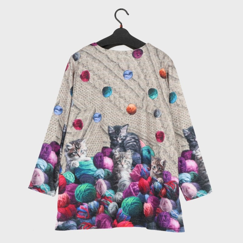 婦人LL寸BIGネコ毛糸デジタルパネルチュニック