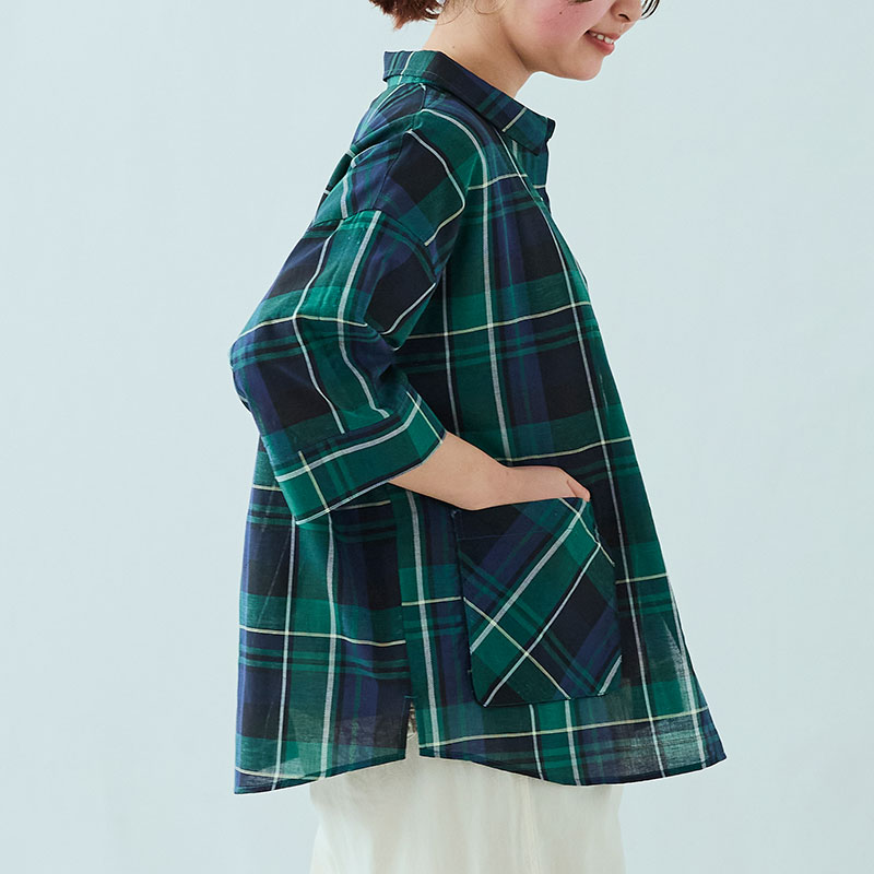 婦人『cloudnine』7分袖前開きジャガードチェック柄ブラウス