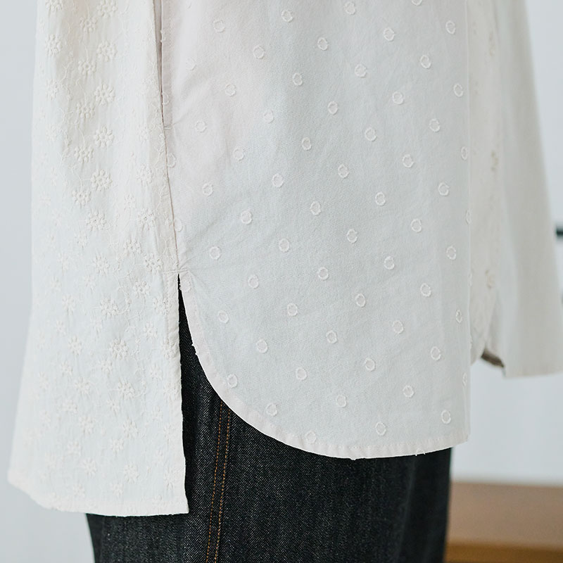 婦人『cloudnine』先染めコットン無地・花柄刺しゅう・ドビードット柄前開きチュニック