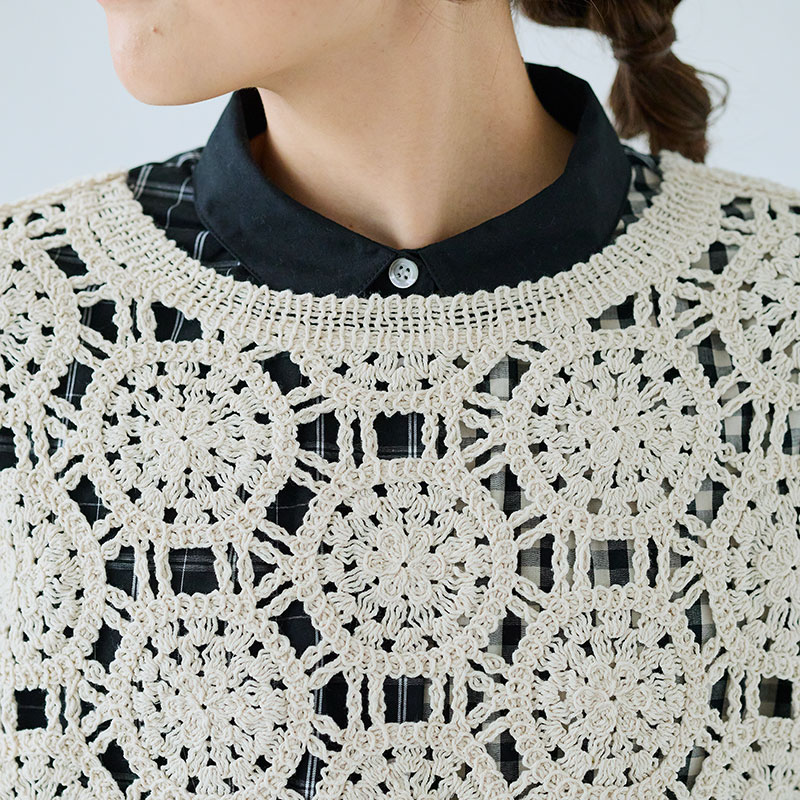 婦人『cloudnine』クロシェ風機械編み無地フレンチスリーブ前後2Wayニットベスト