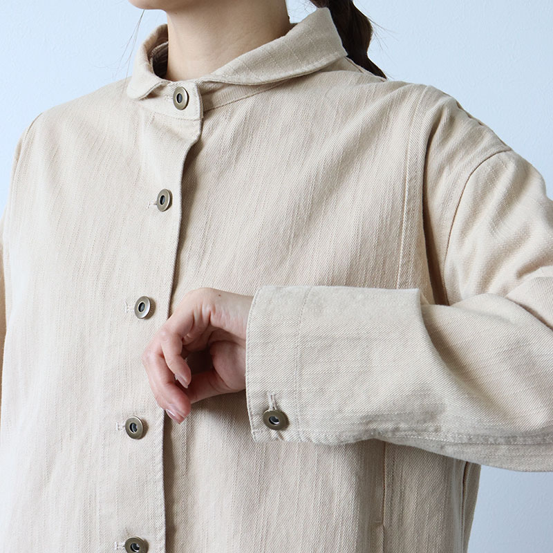 婦人『cloudnine』9.3ozタテスラブ入り 丸襟ポケット付きジャケット