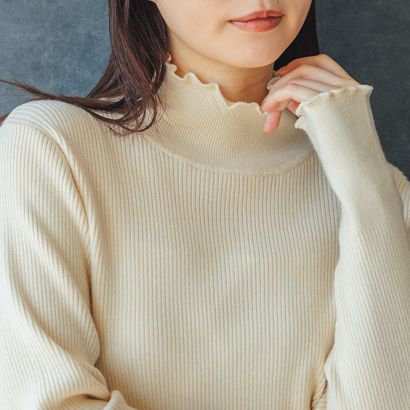 婦人『m.m.o』リブハイネックメロウ長袖とろもっちニット
