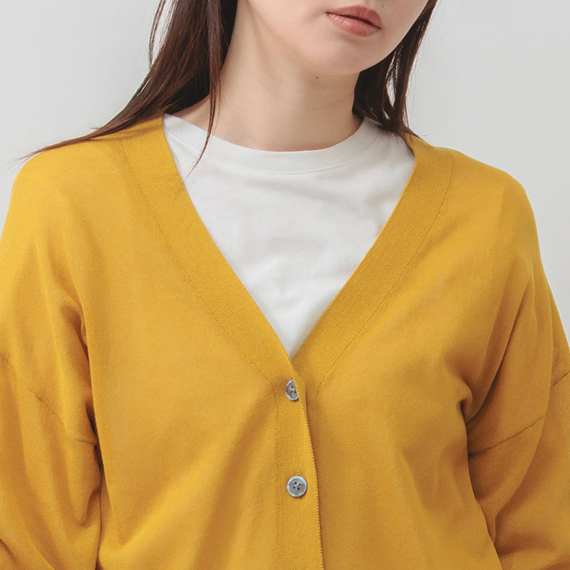 婦人『m.m.o』麻タッチ長袖Vネック袖ボリュームシアーカーディガン