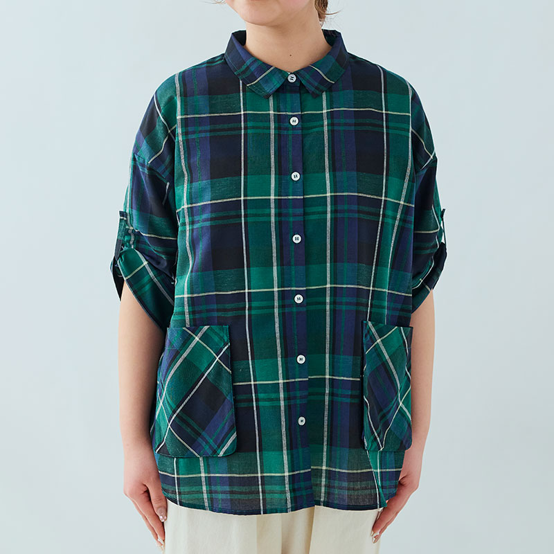 婦人『cloudnine』7分袖前開きジャガードチェック柄ブラウス