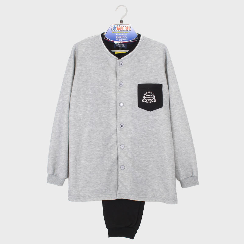 紳士『ENRICO』裏綿100%ダンボール衿なし前開きパジャマ