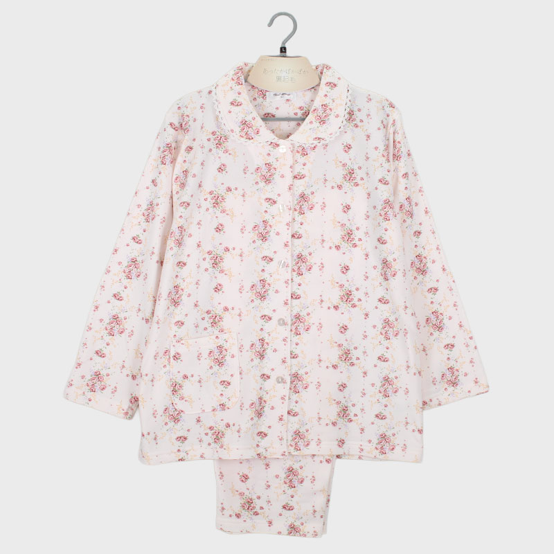 婦人シャギー衿付き前開きパジャマ(花ストライプ)