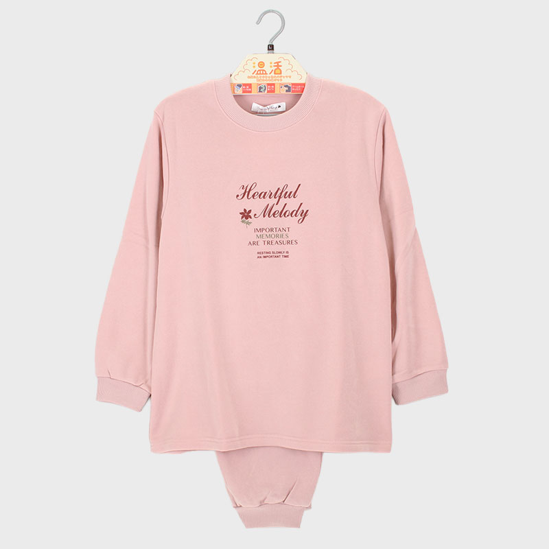 婦人E/Cシャギー丸首Tスーツパジャマ(無地×胸プリント)