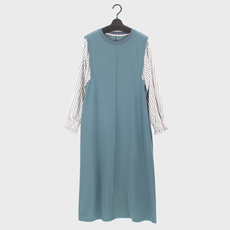 婦人袖ストライプ配色ワンピース