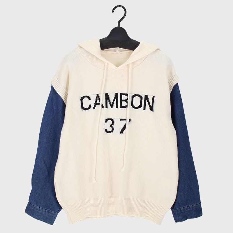 婦人デニム袖ロゴニットパーカー