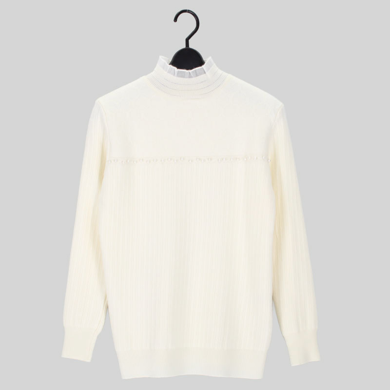 婦人裏起毛パールビーズハイネックニット