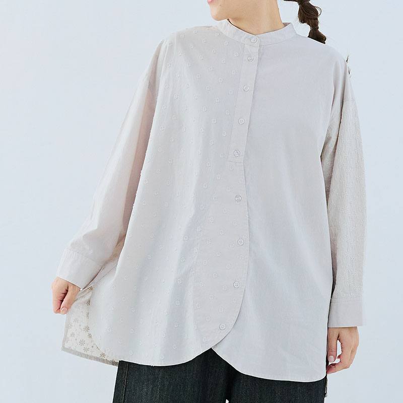 婦人『cloudnine』先染めコットン無地・花柄刺しゅう・ドビードット柄前開きチュニック