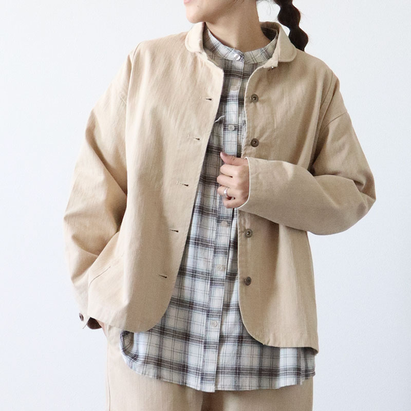 婦人『cloudnine』9.3ozタテスラブ入り 丸襟ポケット付きジャケット