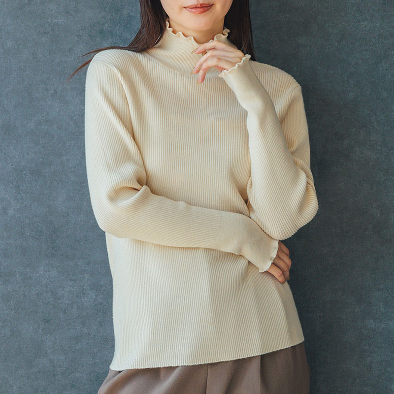 婦人『m.m.o』リブハイネックメロウ長袖とろもっちニット