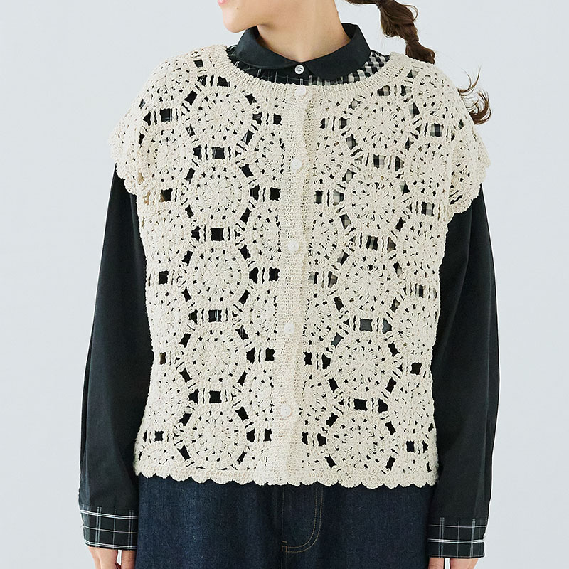 婦人『cloudnine』クロシェ風機械編み無地フレンチスリーブ前後2Wayニットベスト