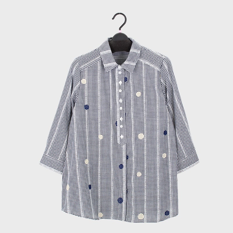 婦人7分袖ドット刺しゅうギンガムチェックブラウス