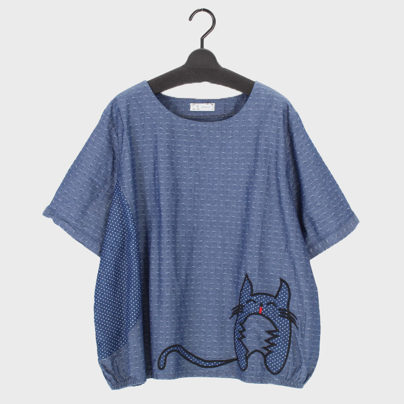 婦人半袖デニムデザインチュニック(ねこ刺しゅう)