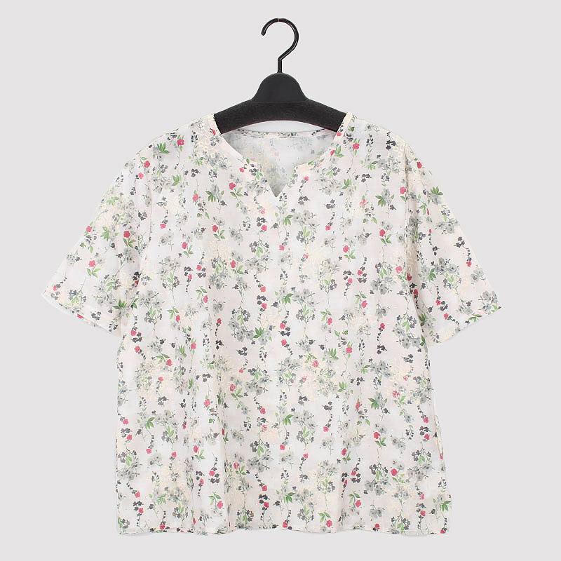婦人半袖布帛花柄プリントチュニック