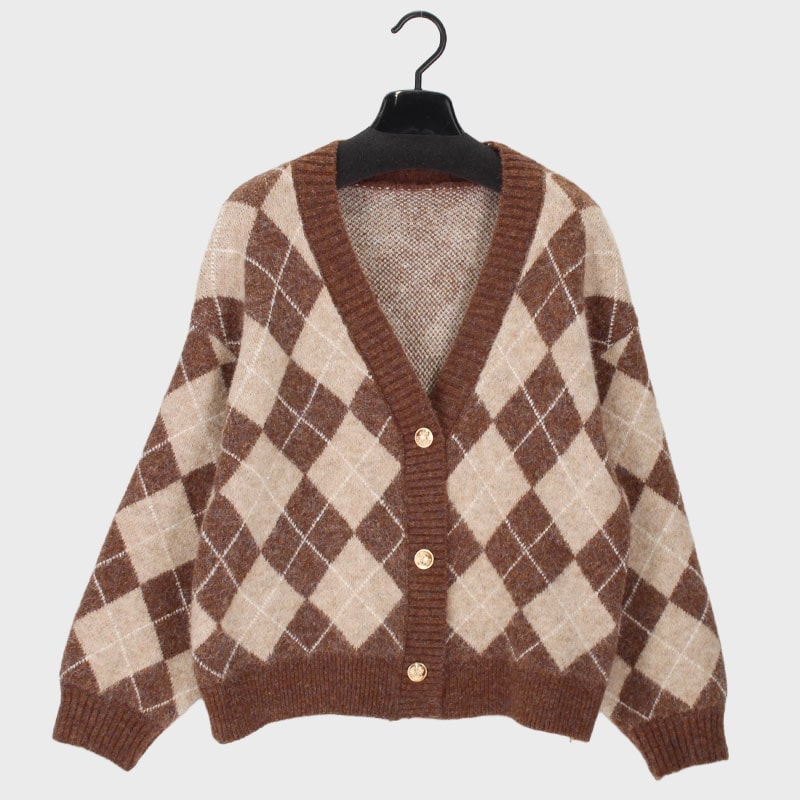 婦人X首アーガイル柄カーディガン