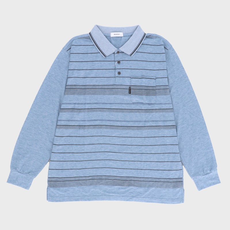 紳士大寸 長袖鹿の子ボーダー柄ポロシャツ