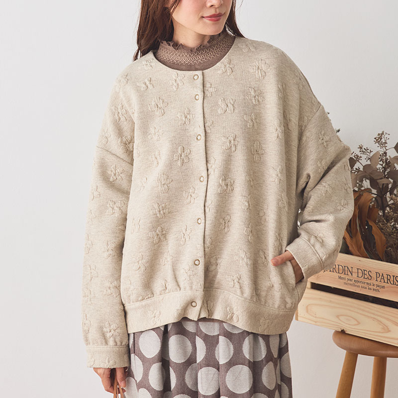 婦人『cloudnine』前開き花モチーフふくれジャガードジャケット