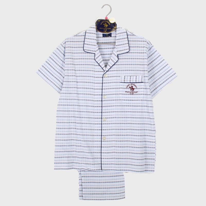 紳士『SANTA BARBARA POLO』半袖綿先染サッカー衿付前開きパジャマ(ボーダー)