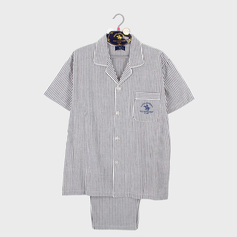 紳士『SANTA BARBARA POLO』半袖綿先染サッカー衿付前開きパジャマ(ストライプ)《WEB》