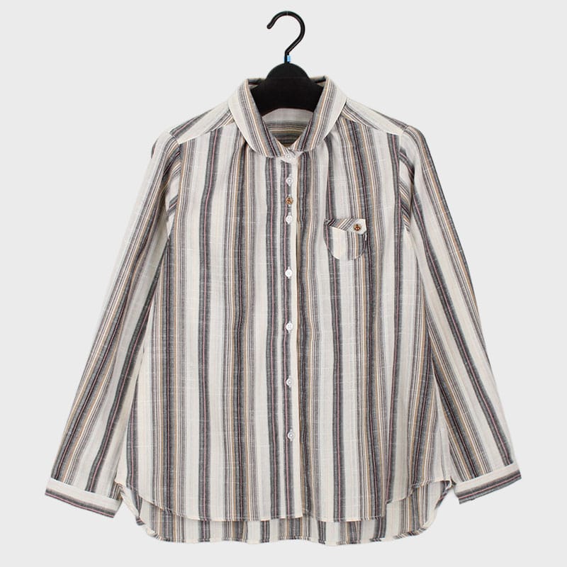 婦人ちび衿綿100%ストライプ柄ブラウス