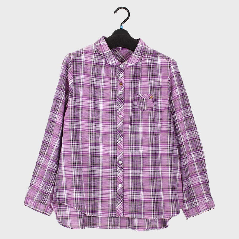 婦人ちび衿綿100%チェック柄ブラウス