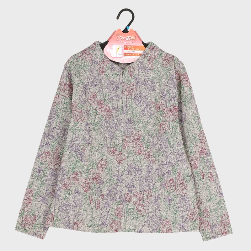 婦人『ラクに着脱』ファスナー付き花柄カットソー