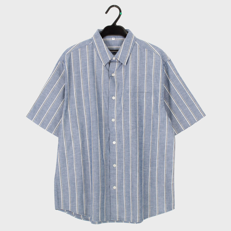 紳士半袖麻入りストライプ柄ャツ