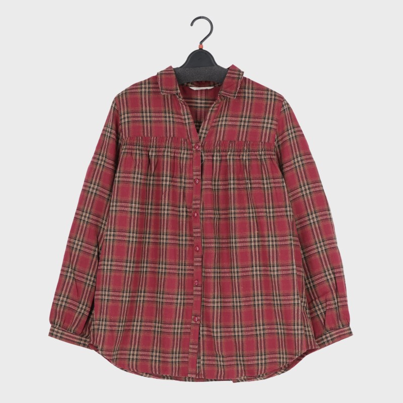 婦人胸シャーリングチェック柄シャツ衿ブラウス(LL・3L)