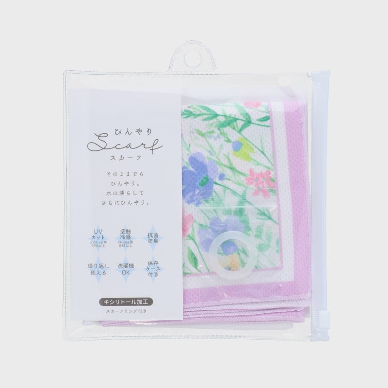 『ひんやりスカーフ』リング付きスクエアスカーフ(ボタニカル柄)/ケース付き・UVカット・洗濯機OK