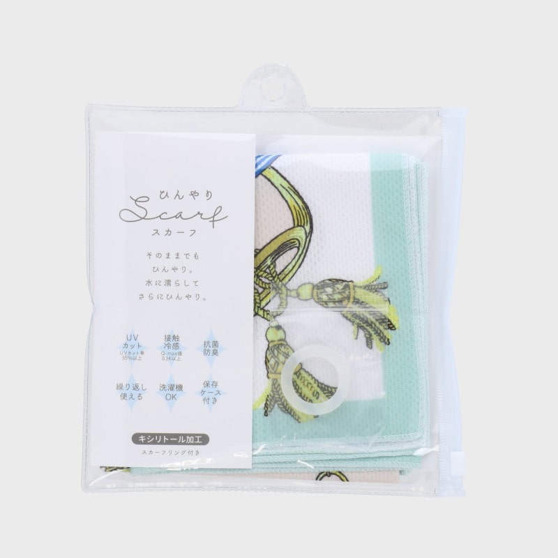『ひんやりスカーフ』リング付きスクエアスカーフ(ベルトリボン柄)/ケース付き・UVカット・洗濯機OK