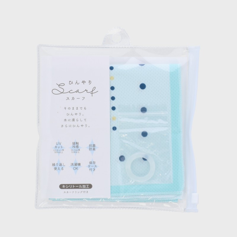 『ひんやりスカーフ』リング付きスクエアスカーフ(ドット柄)/ケース付き・UVカット・洗濯機OK