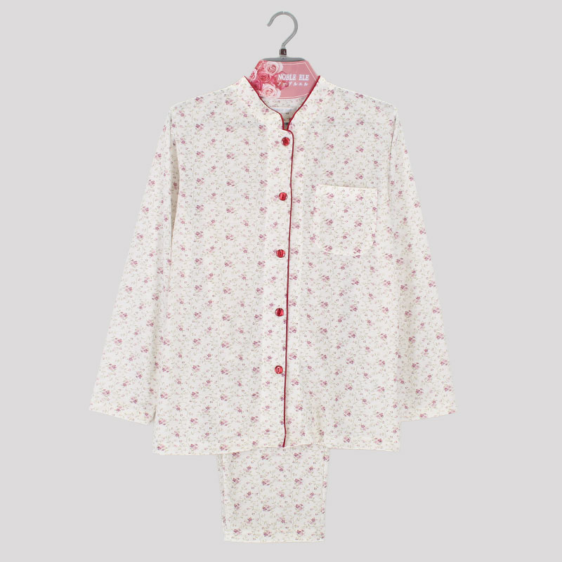 婦人ブライト天竺マオカラー長袖パジャマ(ツル花)