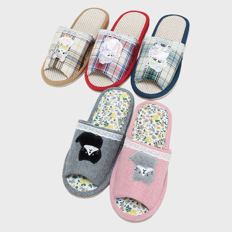 婦人外縫ネコ刺繍スリッパ
