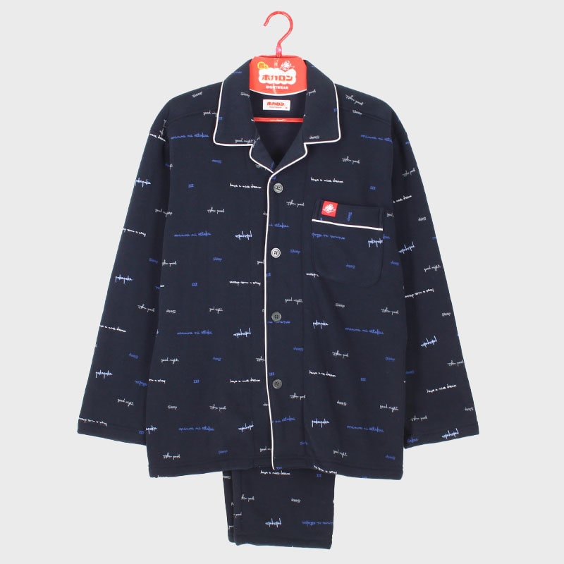 紳士『ホカロン』シャギー衿付き前開きパジャマ(タイボグラフィ−柄)