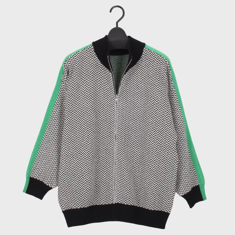 婦人ニット トラックジャケット風C/Dヘリンボーン柄袖ライン