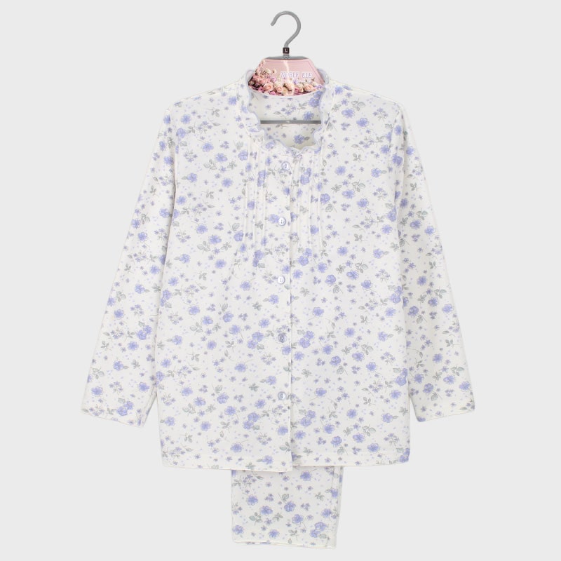 婦人シャギー衿フリル前開きパジャマ(くくり花)