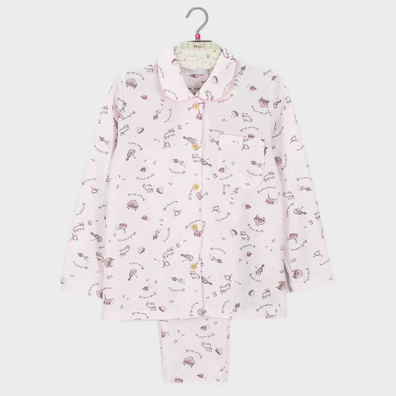 婦人シャギー衿付き前開きパジャマ(ネコ柄)